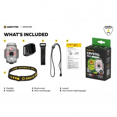 "Armytek" žibinutvėlis Crystal Pro Grey / White & Red / 220 lm & 30 lm / headband / bicycle mount / lanyard / built-in Li-Pol battery 4