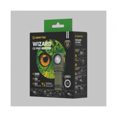 "Armytek" žibinutvėlis Wizard C2 Pro Olive / White / 2500 lm / TIR 70°:120° / +holster / 1x18650 (incl.) / Magnet USB  8
